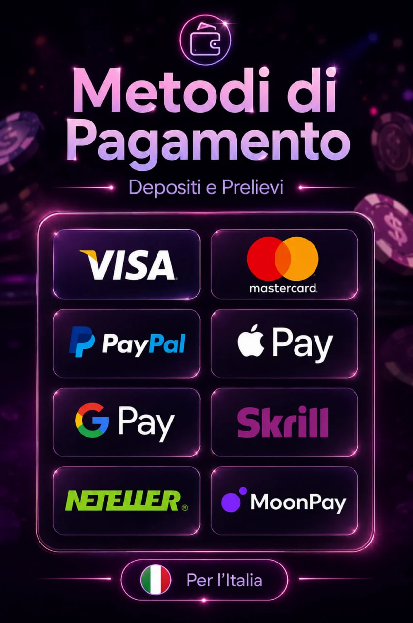 Loghi Visa Mastercard Bitcoin Skrill Neteller su sfondo scuro