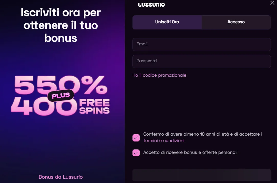 Modulo di registrazione con campi email e password