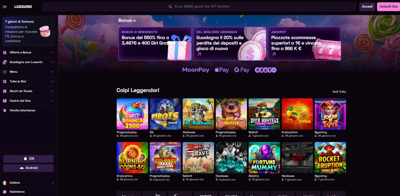 Schermata piattaforma Lussurio con logo e giochi